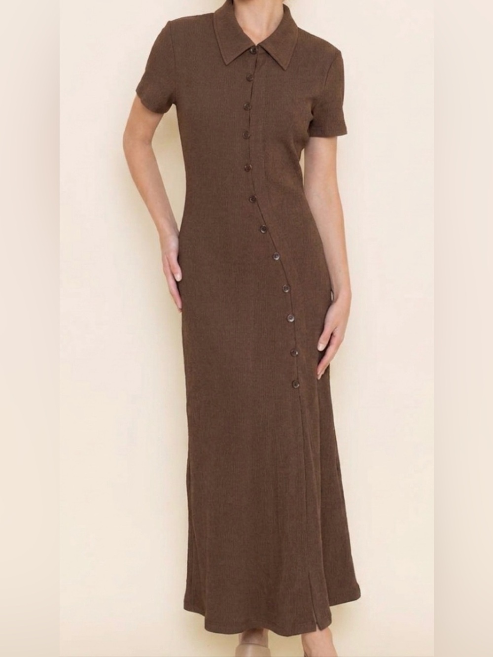 FORE Brown Textured Crinkle Asymmetric Button Collared Midi Dress Large